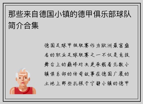 那些来自德国小镇的德甲俱乐部球队简介合集