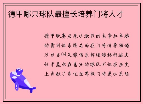 德甲哪只球队最擅长培养门将人才
